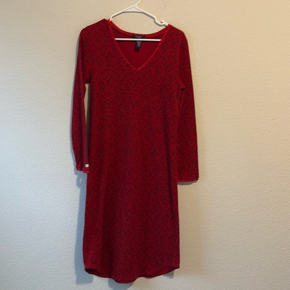 Chaps large waffle knit thermal night shirt red and black floral print